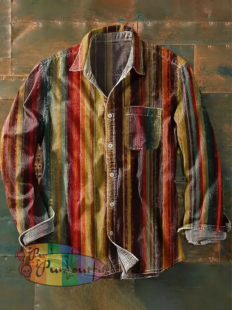 Men’s Vintage Color Stripe Art Print Lapel Long Sleeve Pocket Shirt Colorful / S