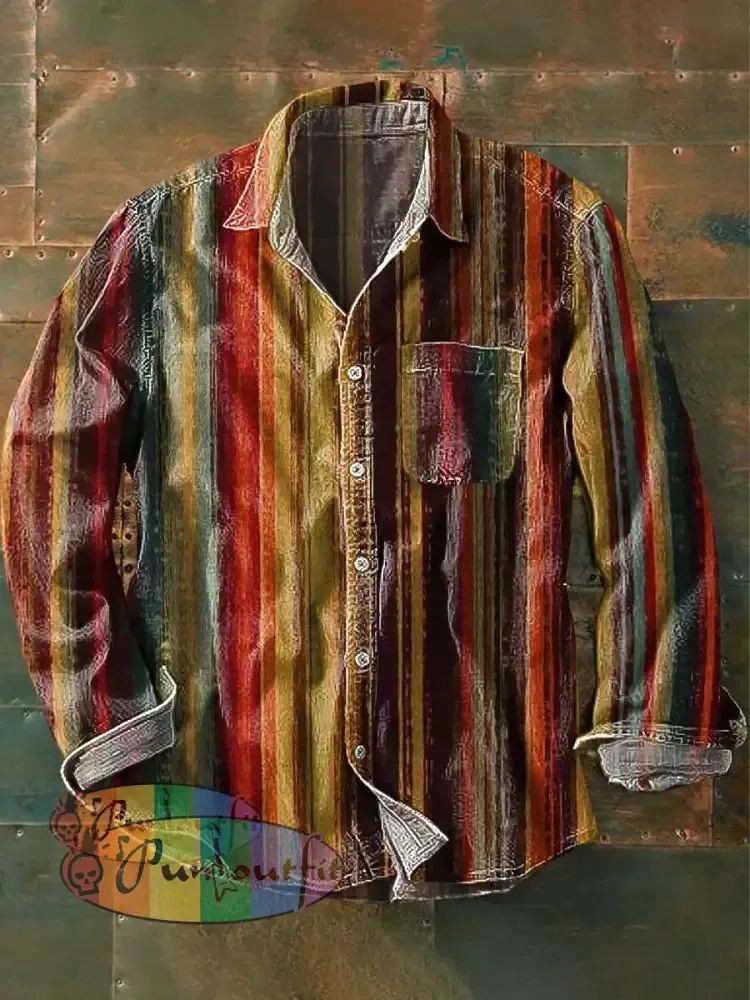 Men’s Vintage Color Stripe Art Print Lapel Long Sleeve Pocket Shirt Colorful / S