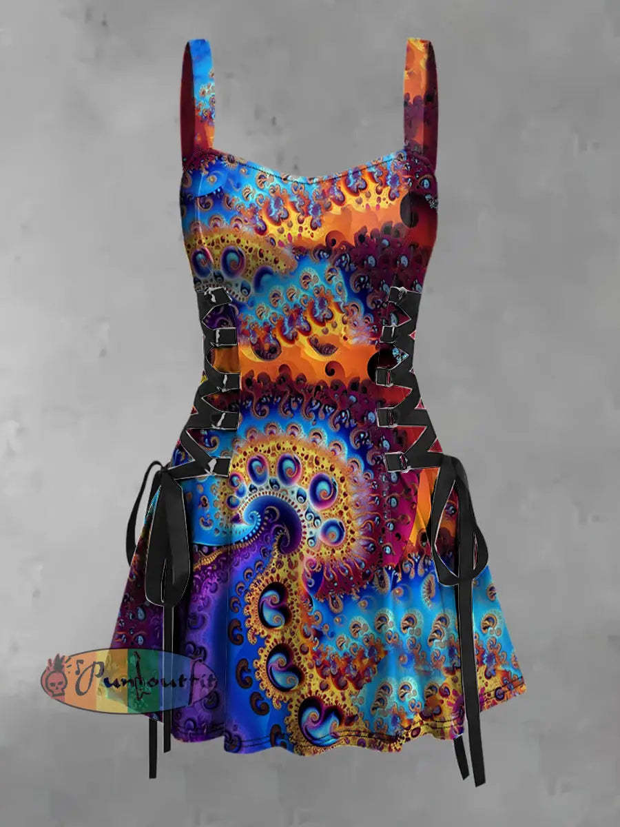 Men’s Vintage Colorful Swirls Trippy Fractal Art Abstract Print Casual Cotton Long Sleeve Button T-Shirt Mini Dress / S