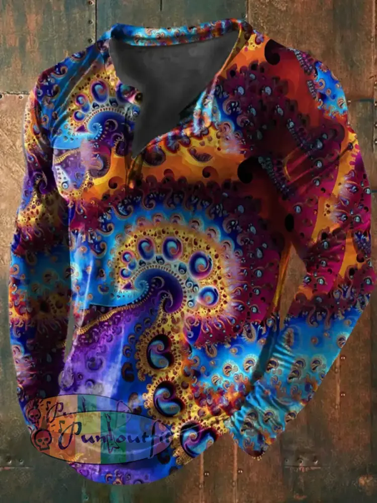 Men’s Vintage Colorful Swirls Trippy Fractal Art Abstract Print Casual Cotton Long Sleeve Button T-Shirt As picture / S