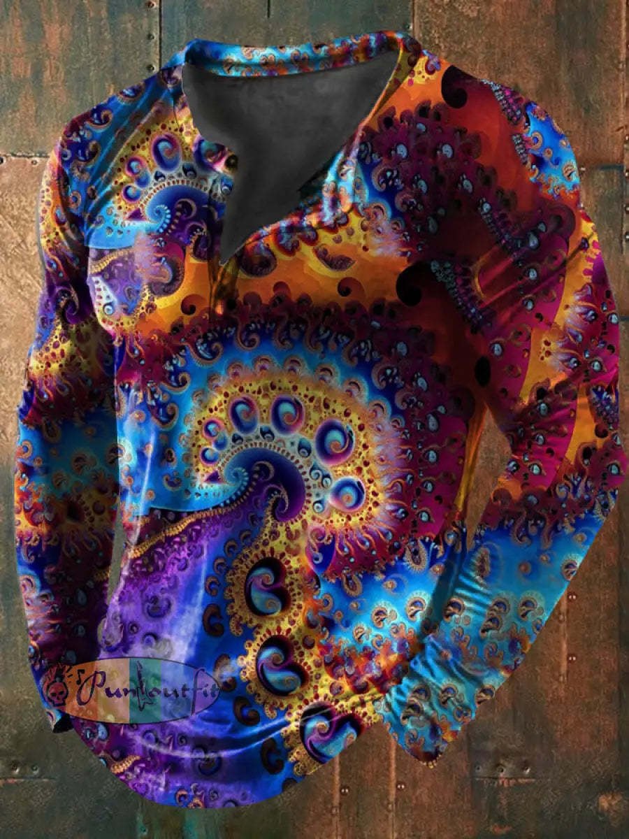 Men’s Vintage Colorful Swirls Trippy Fractal Art Abstract Print Casual Cotton Long Sleeve Button T-Shirt As picture / S