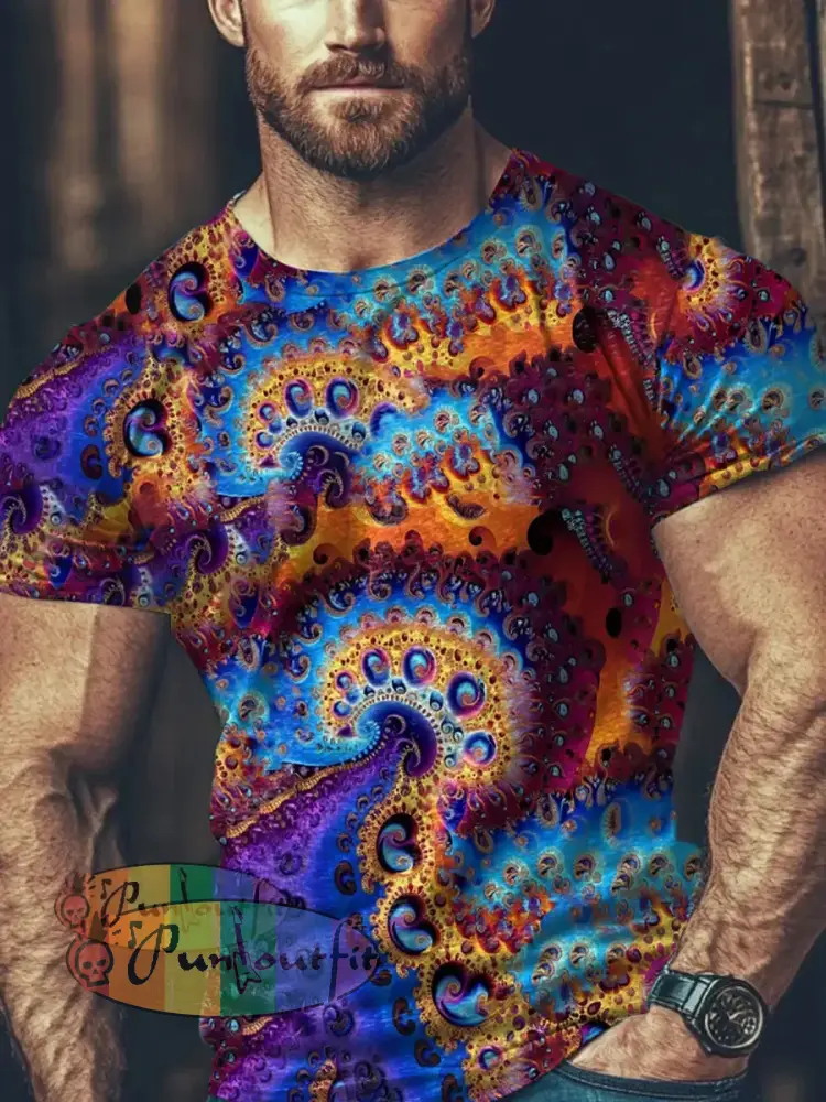 Men’s Vintage Colorful Swirls Trippy Fractal Art Abstract Print Casual Cotton Long Sleeve Button T-Shirt Short Sleeve