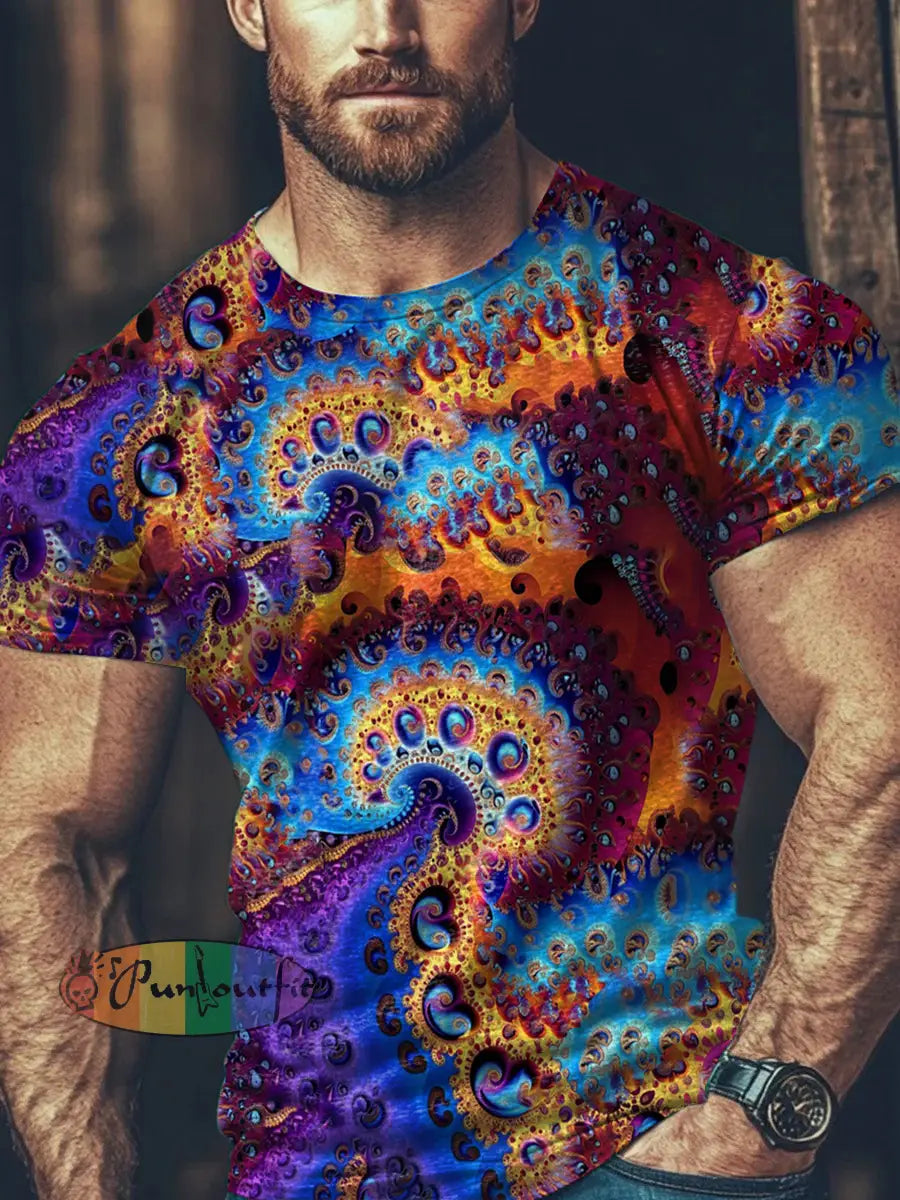Men’s Vintage Colorful Swirls Trippy Fractal Art Abstract Print Casual Cotton Long Sleeve Button T-Shirt Short Sleeve