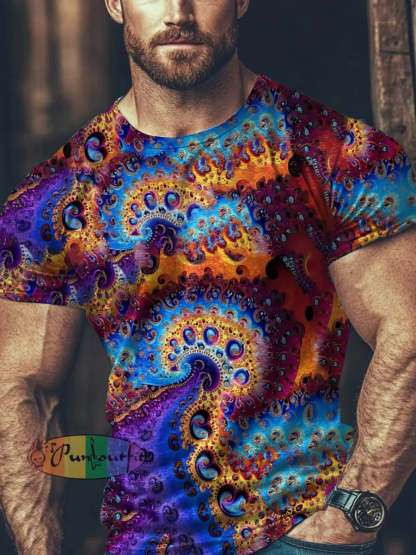 Men’s Vintage Colorful Swirls Trippy Fractal Art Abstract Print Casual Cotton Long Sleeve Button T-Shirt Short Sleeve