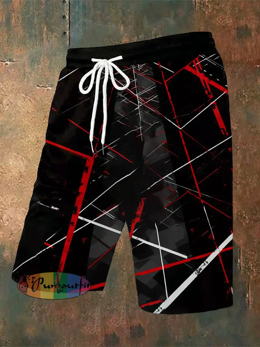 Men’s Vintage Colourful Guitar Ripple Line Irregular Festival Abstract Print Casual Pocket Drawstring Shorts Black / S