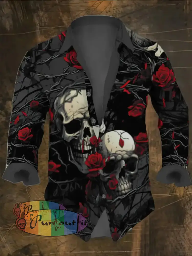 Men’s Vintage Dark Skull Print Long Sleeve Shirt