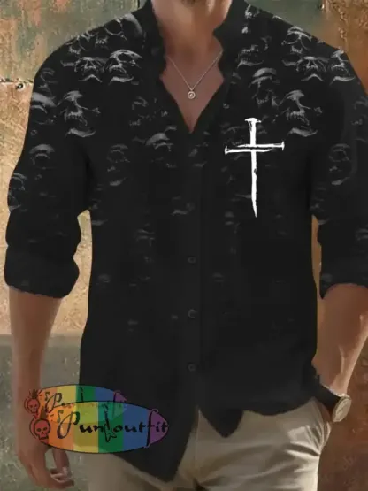 Men’s Vintage Dark Skull Print Long Sleeve Shirt As Shown / S Hot