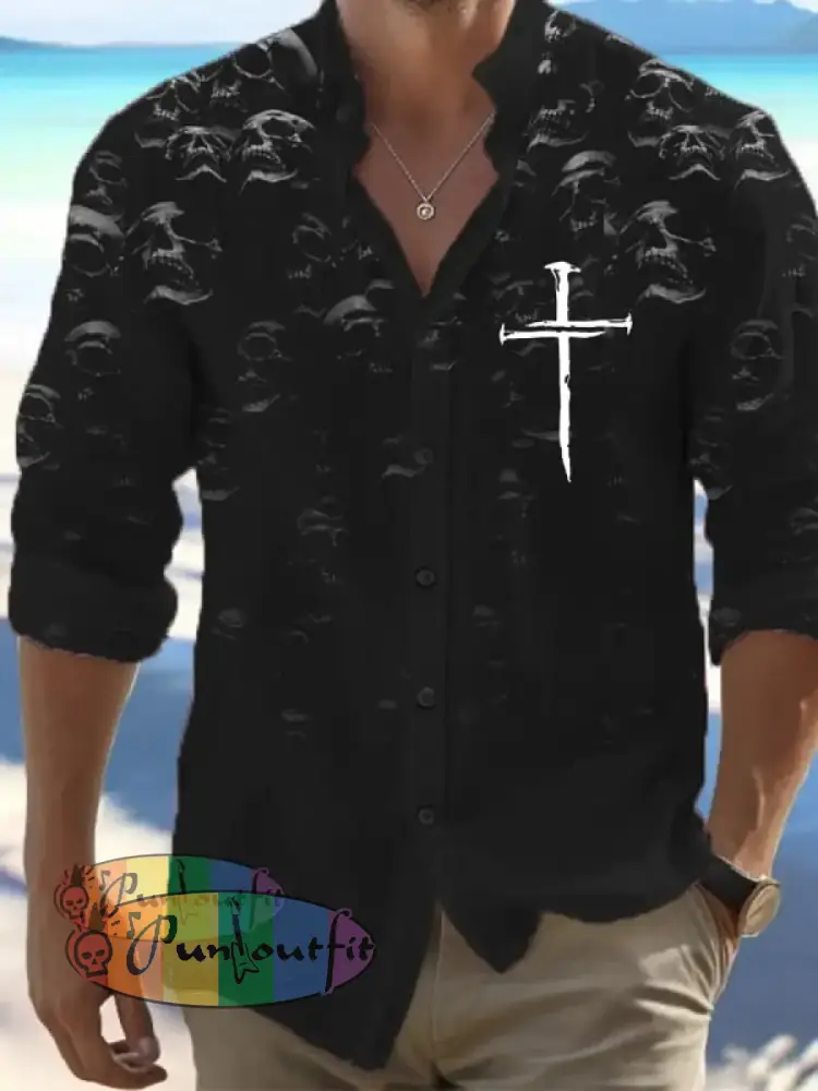 Men’s Vintage Dark Skull Print Long Sleeve Shirt Hot