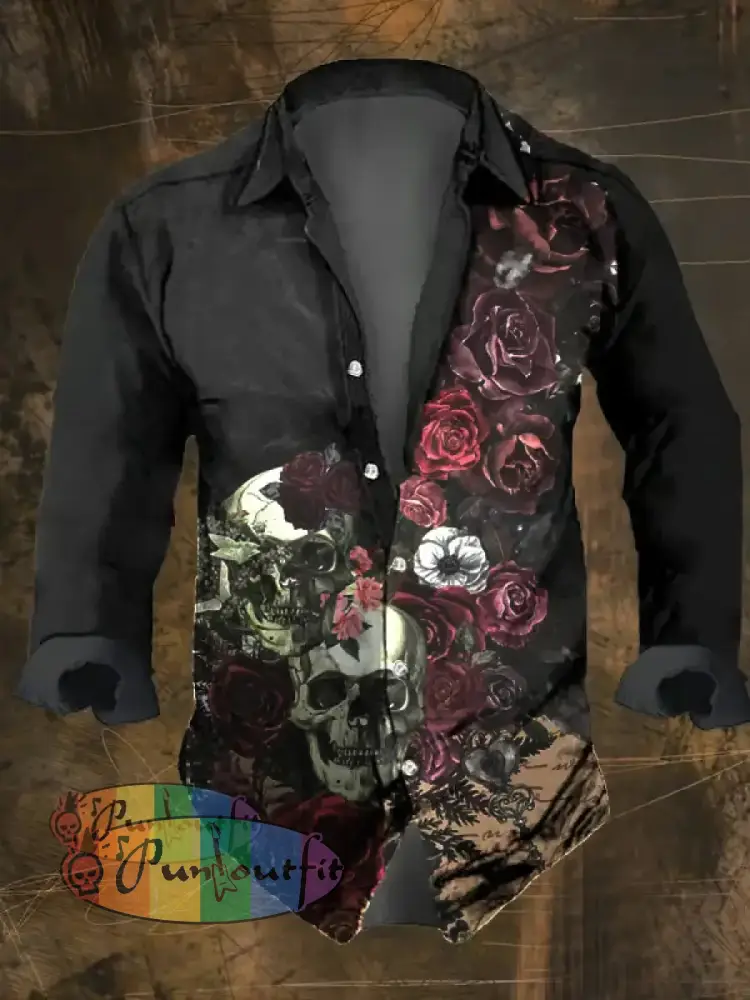 Men’s Vintage Dark Skull Print Long Sleeve Shirt Multicolor / S