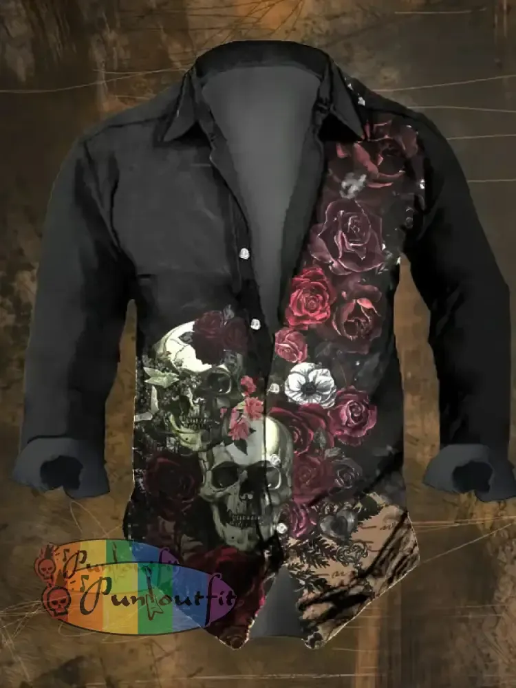 Men’s Vintage Dark Skull Print Long Sleeve Shirt Multicolor / S