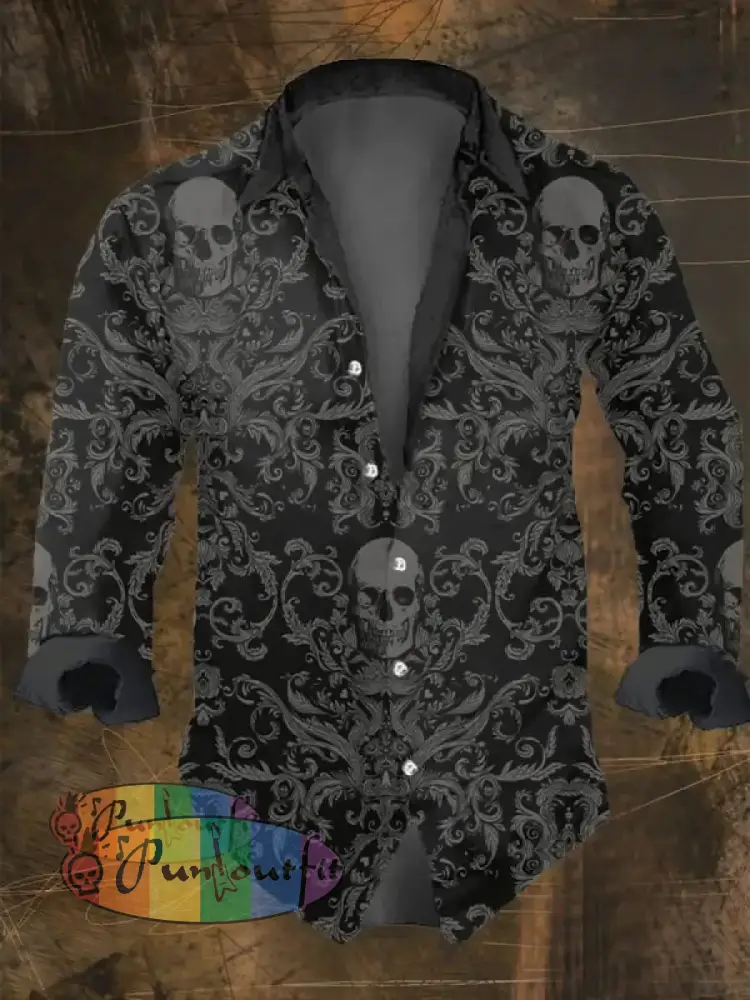 Men’s Vintage Dark Skull Print Long Sleeve Shirt Multicolor / S
