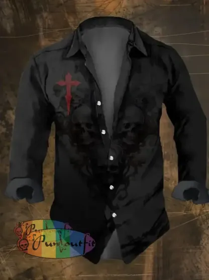 Men’s Vintage Dark Skull Print Long Sleeve Shirt Multicolor / S