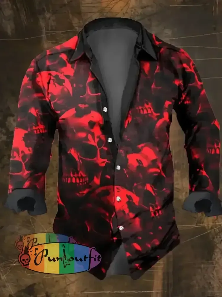 Men’s Vintage Dark Skull Print Long Sleeve Shirt Multicolor / S