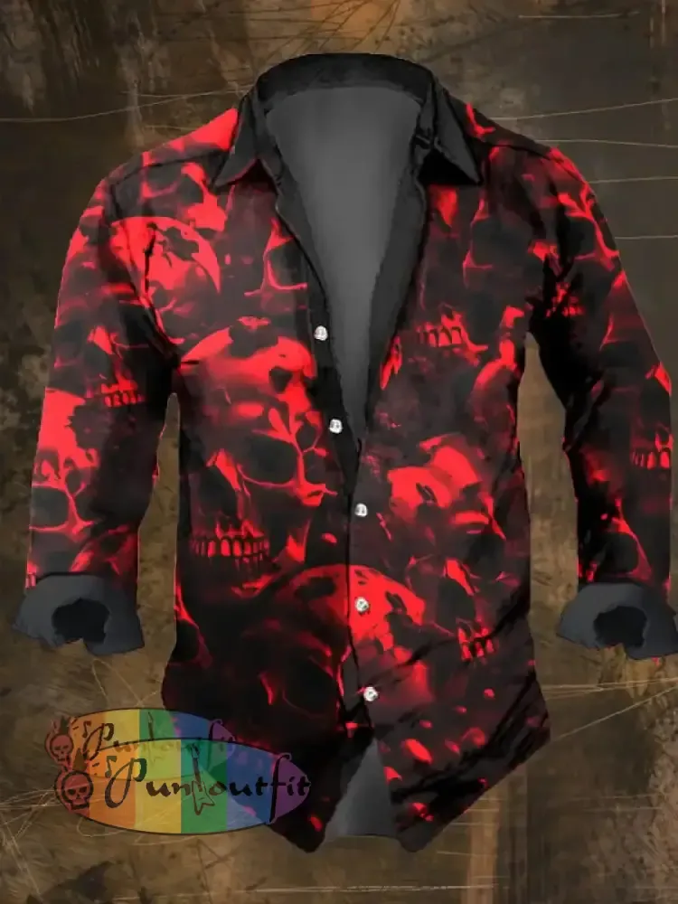 Men’s Vintage Dark Skull Print Long Sleeve Shirt Multicolor / S