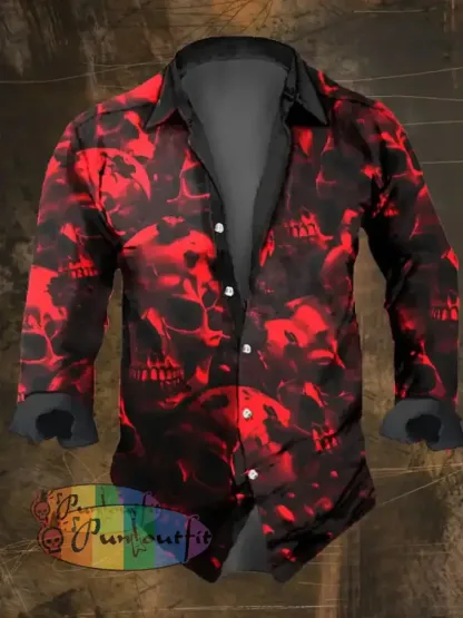 Men’s Vintage Dark Skull Print Long Sleeve Shirt Multicolor / S