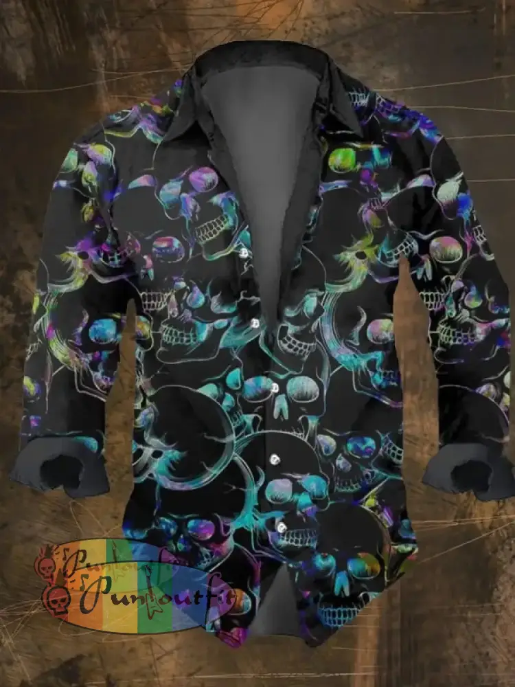 Men’s Vintage Dark Skull Print Long Sleeve Shirt Multicolor / S