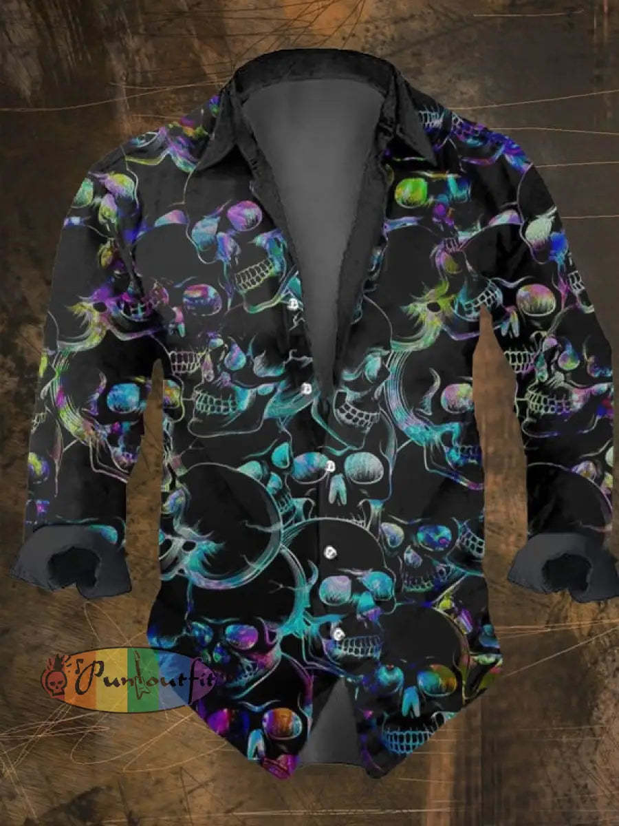 Men’s Vintage Dark Skull Print Long Sleeve Shirt Multicolor / S