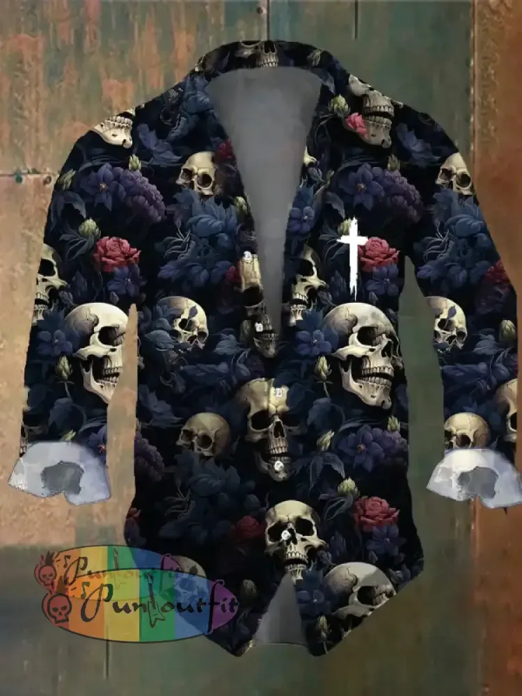 Men’s Vintage Dark Skull Print Long Sleeve Shirt Multicolor / S