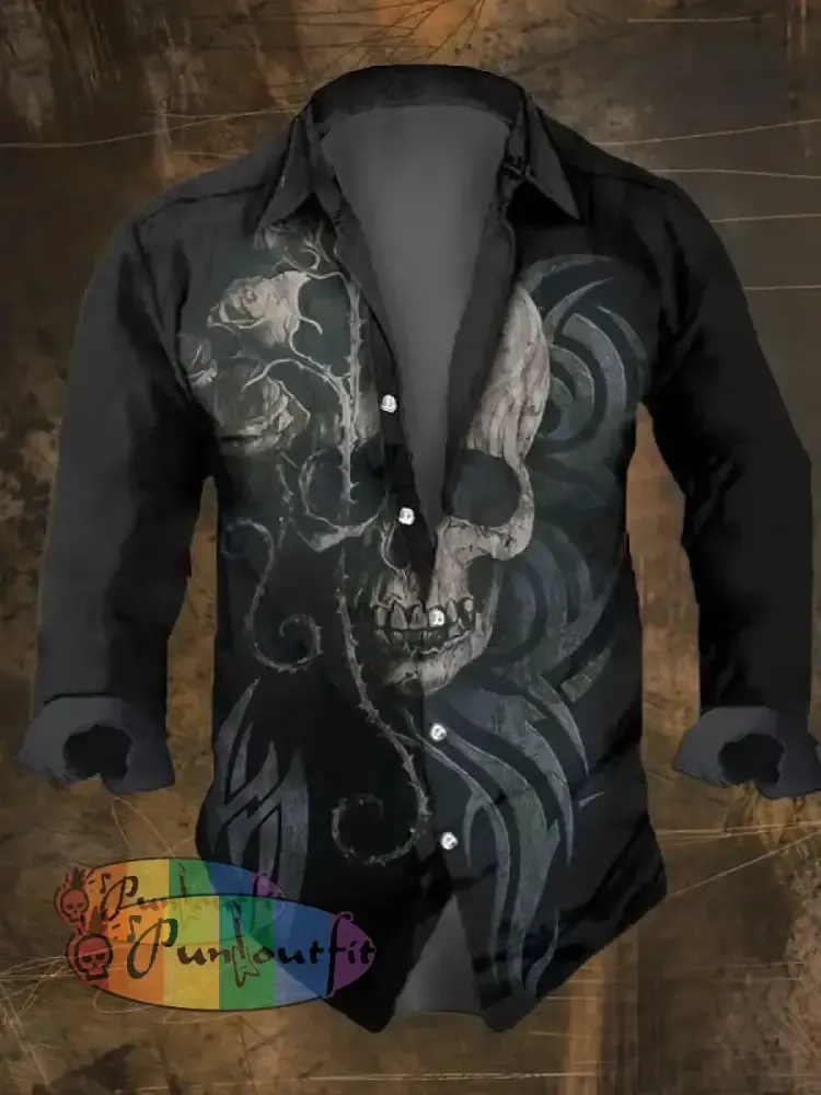 Men’s Vintage Dark Skull_Print Long Sleeve Shirt Multicolor / S