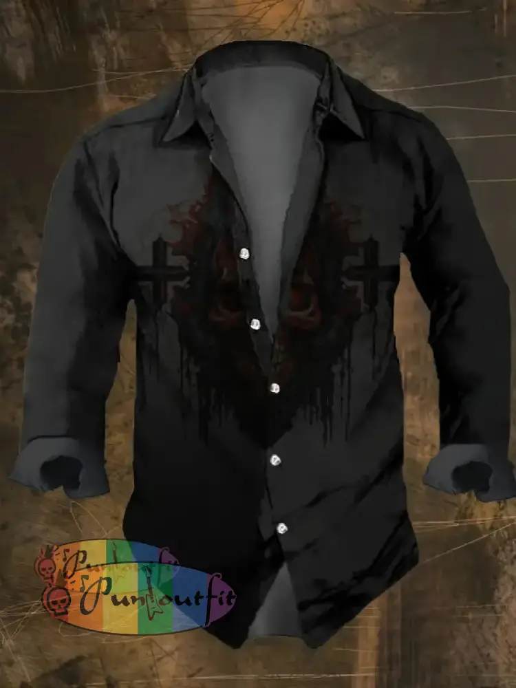 Men’s Vintage Dark Skull Print Long Sleeve Shirt Multicolor / S