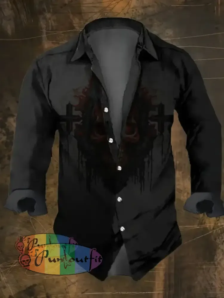 Men’s Vintage Dark Skull Print Long Sleeve Shirt Multicolor / S