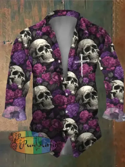 Men’s Vintage Dark Skull Print Long Sleeve Shirt Multicolor / S