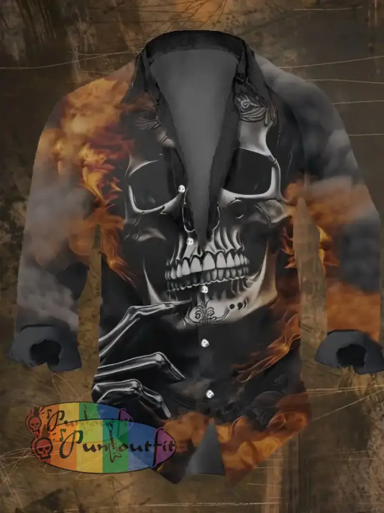 Men’s Vintage Dark Skull Print Long Sleeve Shirt Multicolor / S
