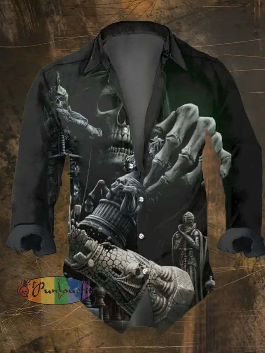 Men’s Vintage Dark Skull Print Long Sleeve Shirt Multicolor / S