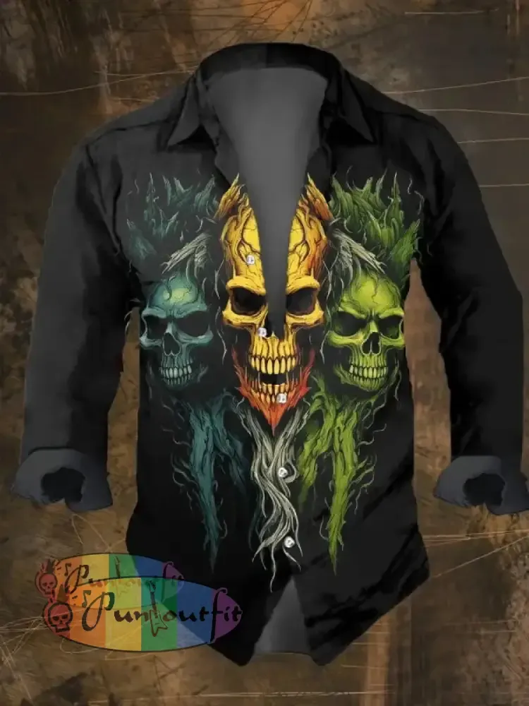 Men’s Vintage Dark Skull Print Long Sleeve Shirt Multicolor / S