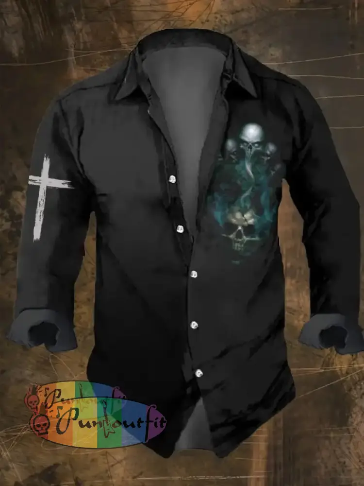 Men’s Vintage Dark Skull Print Long Sleeve Shirt Multicolor / S