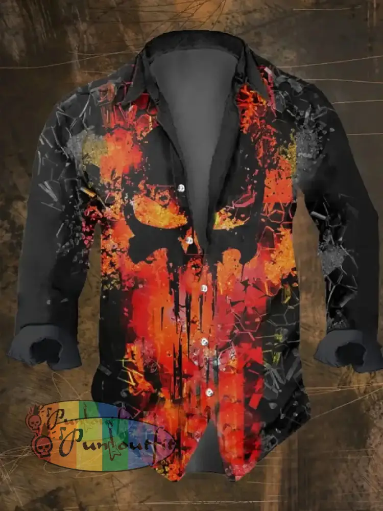 Men’s Vintage Dark Skull Print Long Sleeve Shirt Multicolor / S