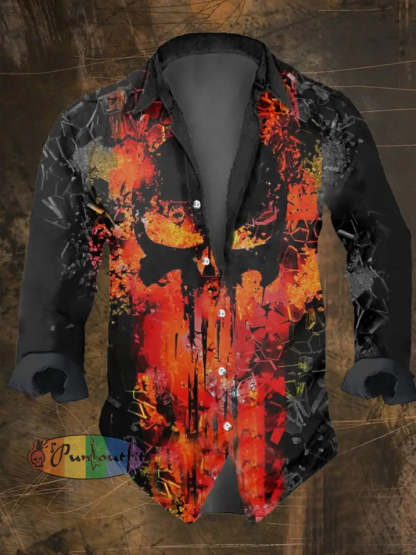 Men’s Vintage Dark Skull Print Long Sleeve Shirt Multicolor / S