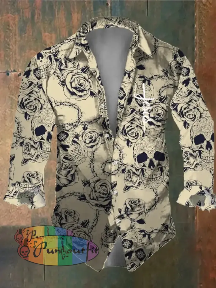 Men’s Vintage Dark Skull Print Long Sleeve Shirt Multicolor / S