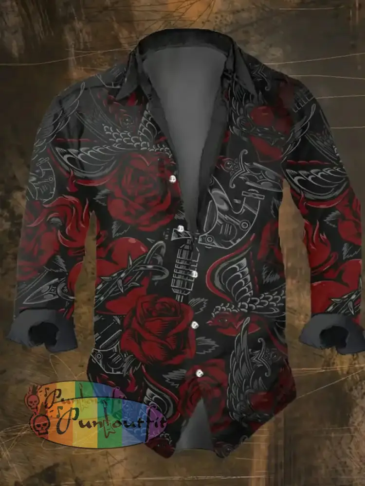 Men’s Vintage Dark Skull Print Long Sleeve Shirt Multicolor / S