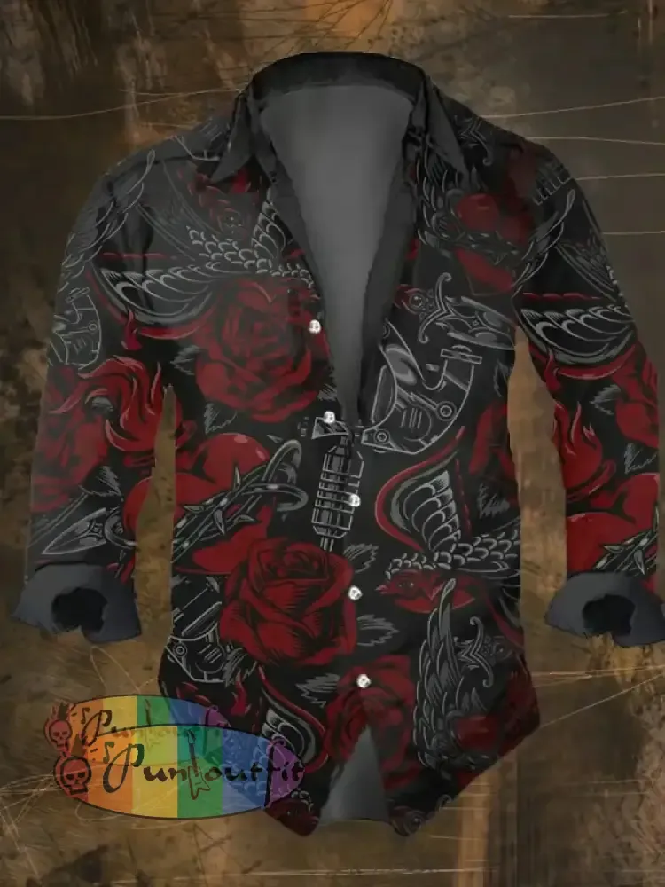 Men’s Vintage Dark Skull Print Long Sleeve Shirt Multicolor / S