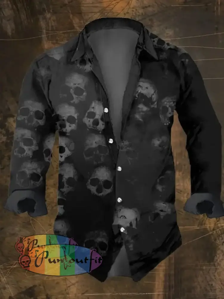 Men’s Vintage Dark Skull Print Long Sleeve Shirt Multicolor / S