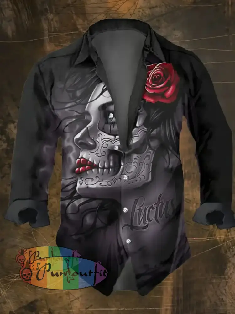 Men’s Vintage Dark Skull Print Long Sleeve Shirt Multicolor / S
