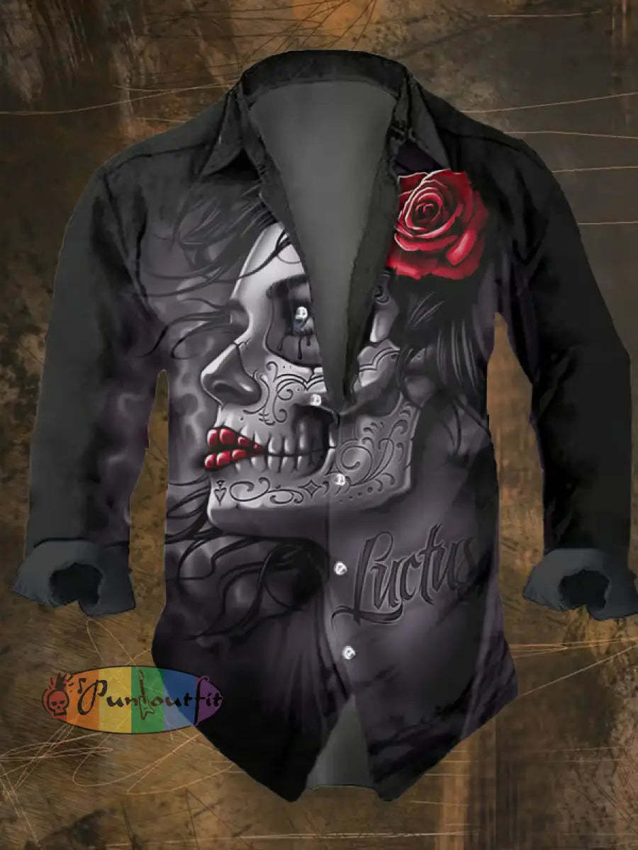 Men’s Vintage Dark Skull Print Long Sleeve Shirt Multicolor / S