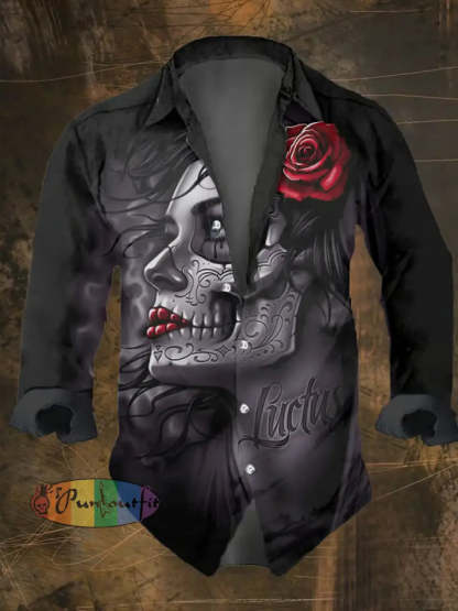 Men’s Vintage Dark Skull Print Long Sleeve Shirt Multicolor / S