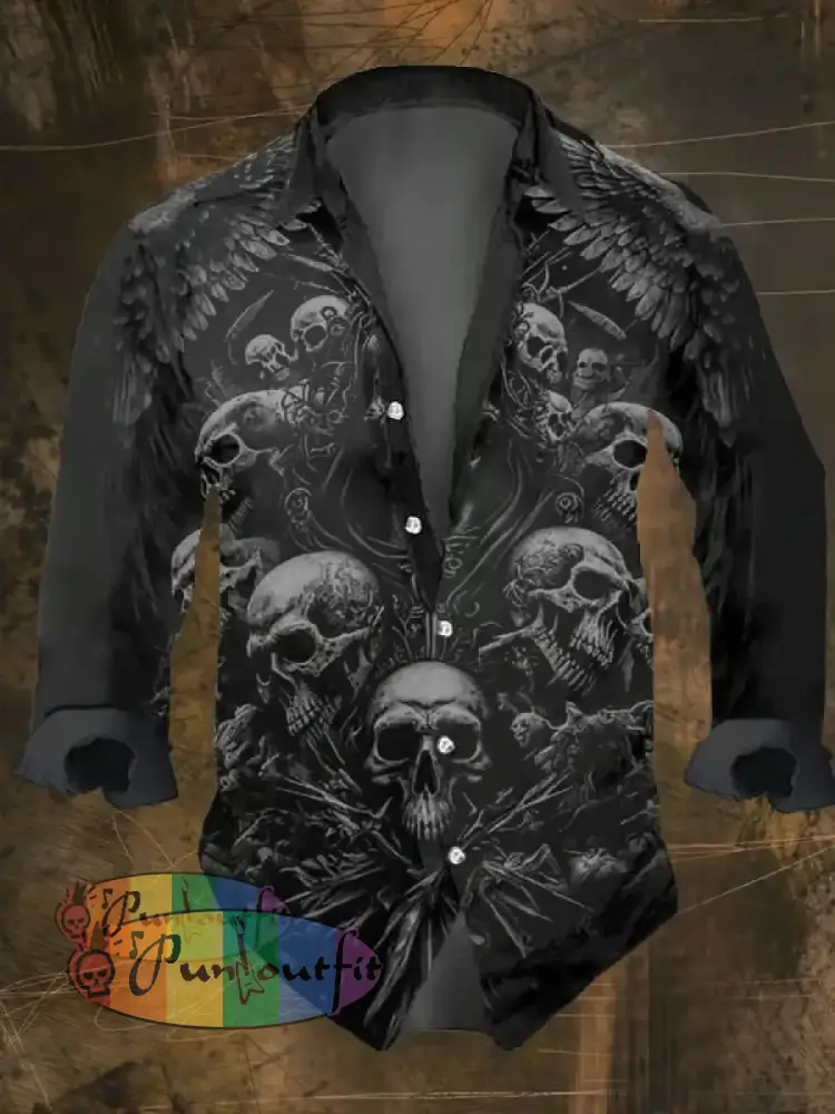 Men’s Vintage Dark Skull Print Long Sleeve Shirt Multicolor / S