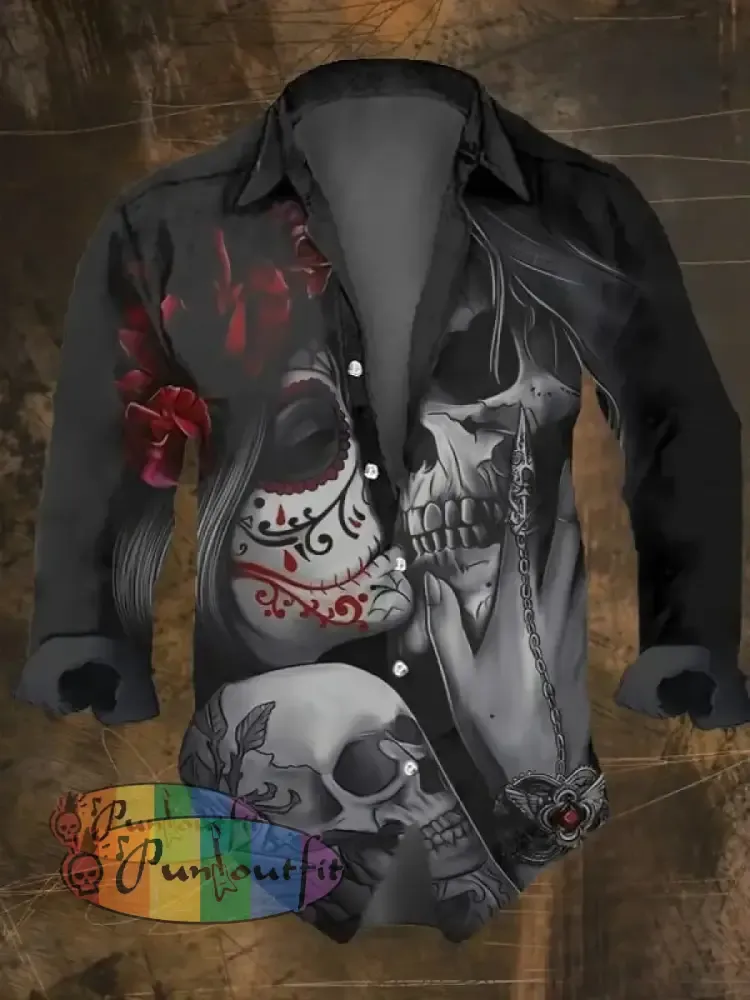 Men’s Vintage Dark Skull Print Long Sleeve Shirt Multicolor / S