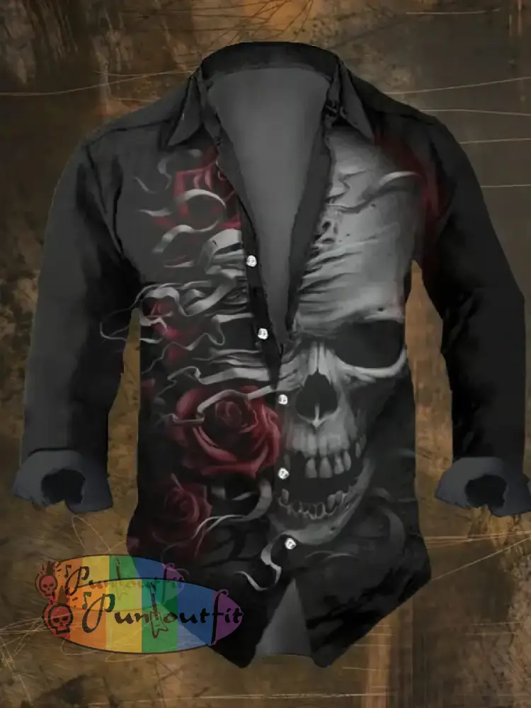 Men’s Vintage Dark Skull Print Long Sleeve Shirt Multicolor / S