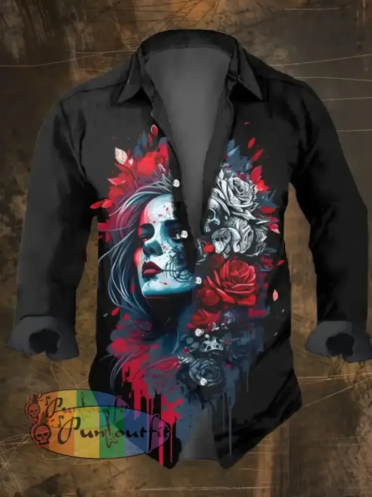Men’s Vintage Dark Skull Print Long Sleeve Shirt Multicolor / S
