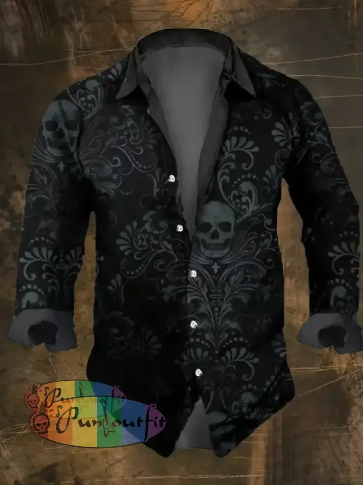 Men’s Vintage Dark Skull Print Long Sleeve Shirt Multicolor / S