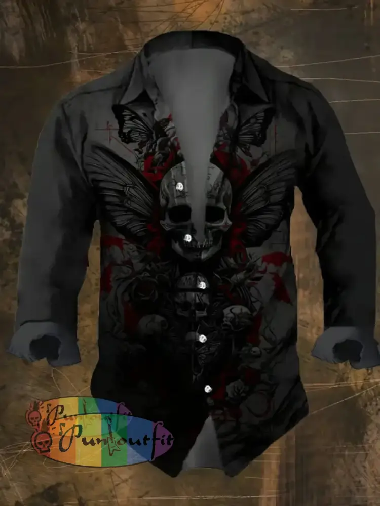 Men’s Vintage Dark Skull Print Long Sleeve Shirt Multicolor / S