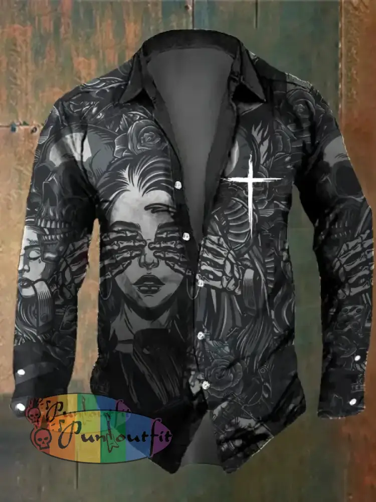 Men’s Vintage Dark Skull Print Long Sleeve Shirt Multicolor / S