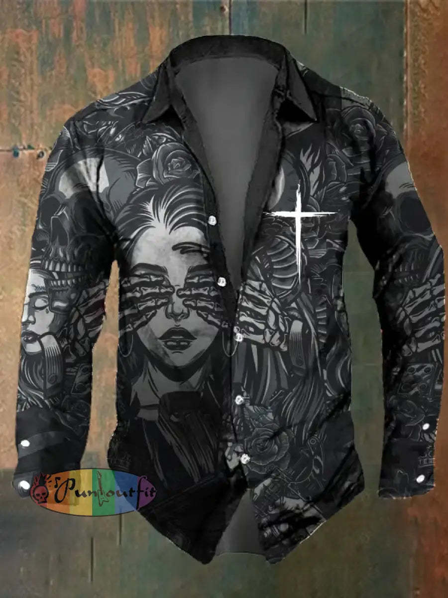 Men’s Vintage Dark Skull Print Long Sleeve Shirt Multicolor / S