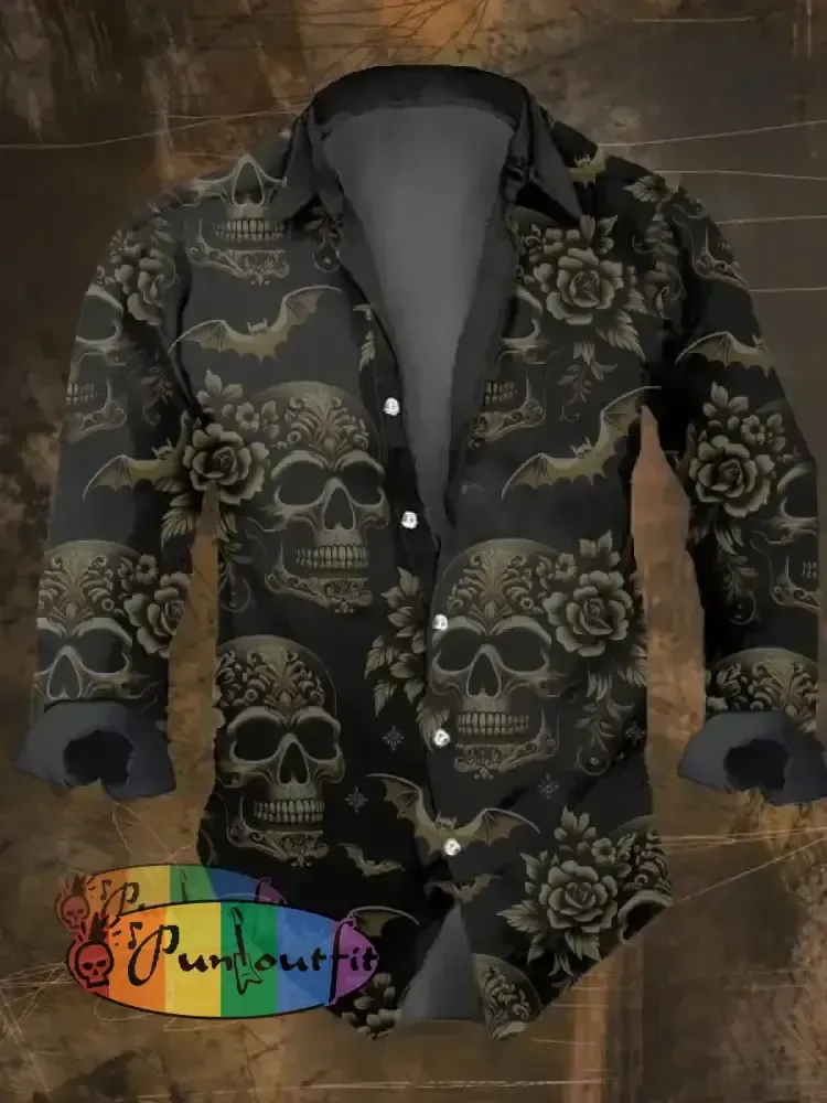 Men’s Vintage Dark Skull Print Long Sleeve Shirt Multicolor / S