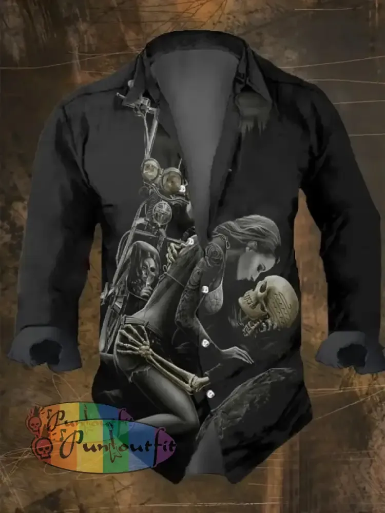 Men’s Vintage Dark Skull Print Long Sleeve Shirt Multicolor / S