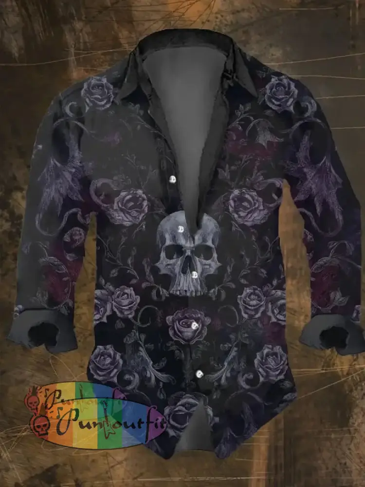Men’s Vintage Dark Skull Print Long Sleeve Shirt Multicolor / S